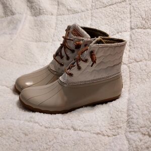 Sperry Quilted Nylon Saltwater Duck Boots Taupe Flannel Duck Print Lining 10
